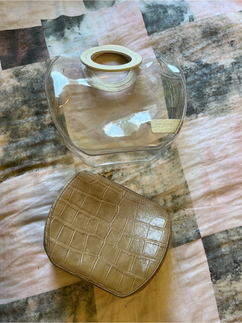 STAUD Clear Tote with Tan Croc Pouch and White Round Handles - Picture 10 of 13